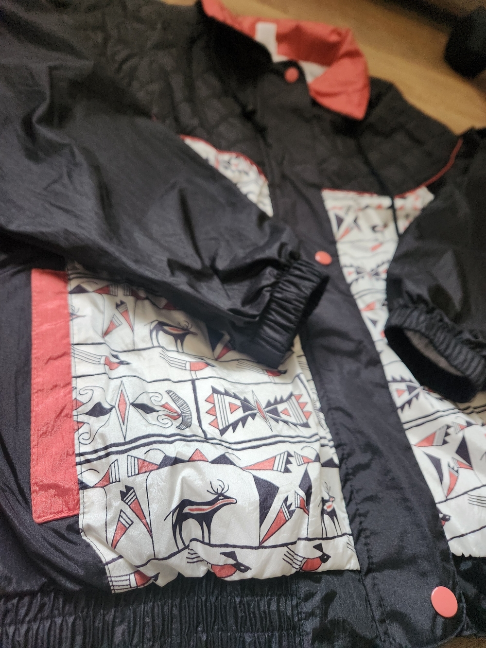 Vintage 80s Windbreaker Prospirit Black Red Pattern Western Quilt Zip Jacket 1X - Picture 3 of 10
